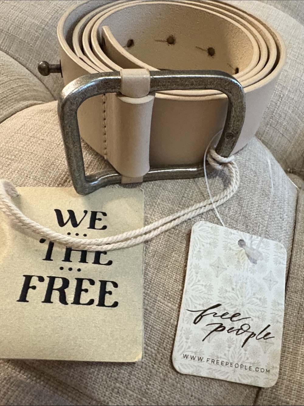 Free People Neutral Cream Leather Belt with Distressed Silver Buckle